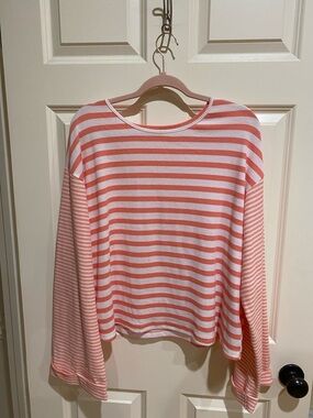 Striped Coral and White Long-Sleeve Knit Top